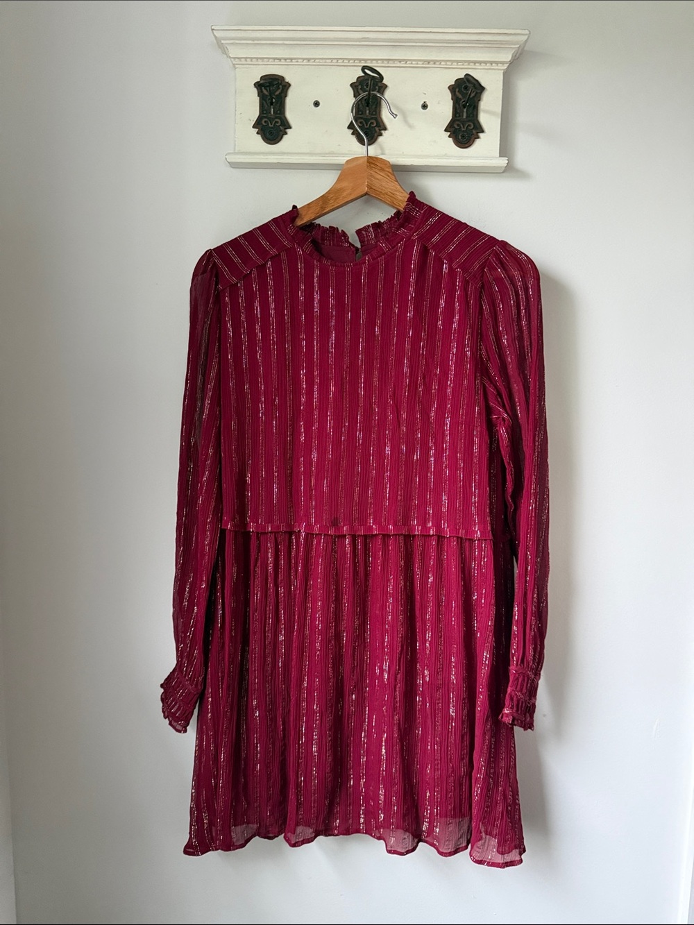 Sesame Dress Silk Burgundy Metallic-Stripe Long-Sleeve Mini Evening Feminine